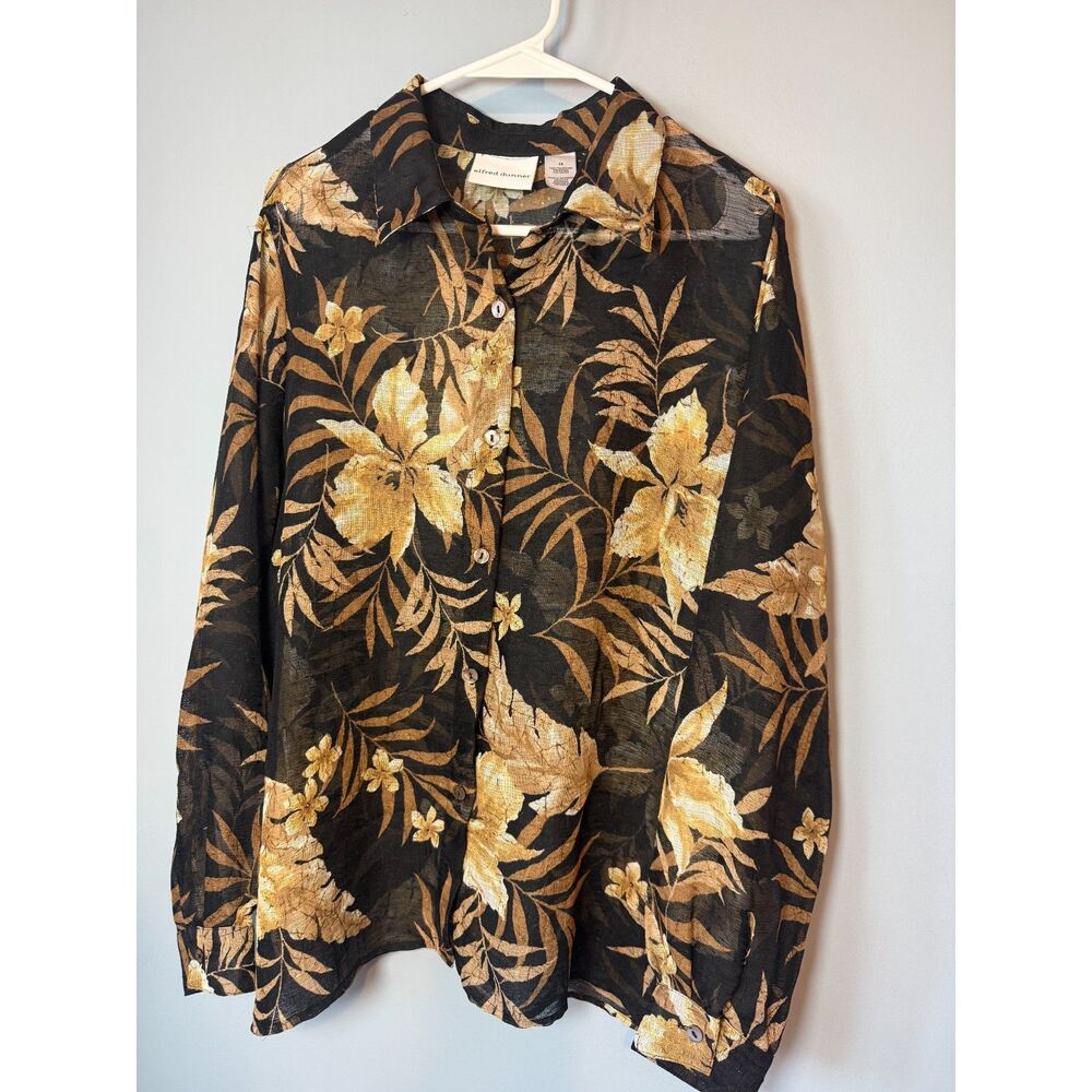 Alfred Dunner Vintage Sheer Tropical Floral Button Down Blouse – Gold & Black, S